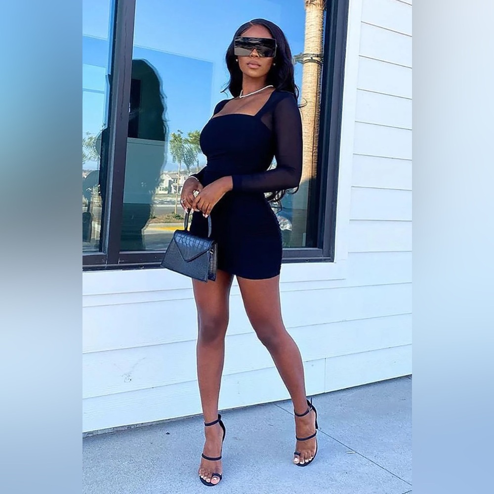 NWT Fashion Nova Oh So Fresh Mesh Long Sleeve Ruched Black Mini Dress Small